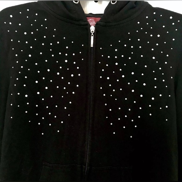 Whisper Me Womens Size M Black Rhinestone Studs Kangaroo Pockets Hooded Jacket - Picture 2 of 4